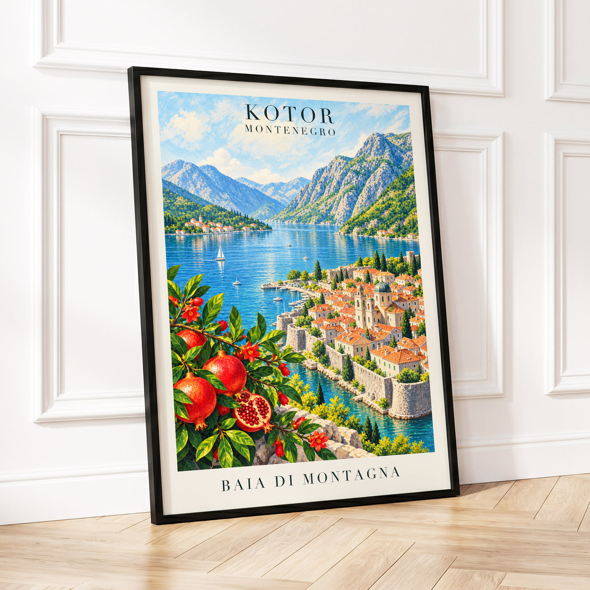 Kotor Bay Reverie, blue, green, beige nature wall art displayed in a styled interior, gallery view 2