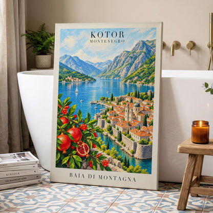 Kotor Bay Reverie, blue, green, beige nature wall art displayed in a styled interior, gallery view 3