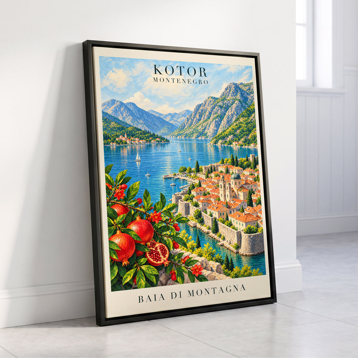 Kotor Bay Reverie, blue, green, beige nature wall art displayed in a styled interior, gallery view 4