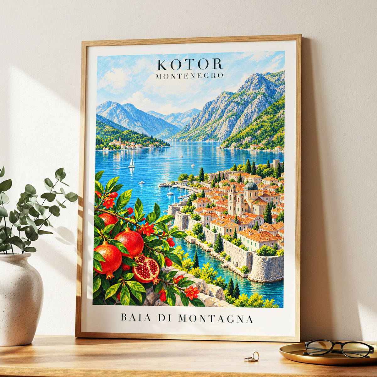 Kotor Bay Reverie, blue, green, beige nature wall art displayed in a styled interior, gallery view 6