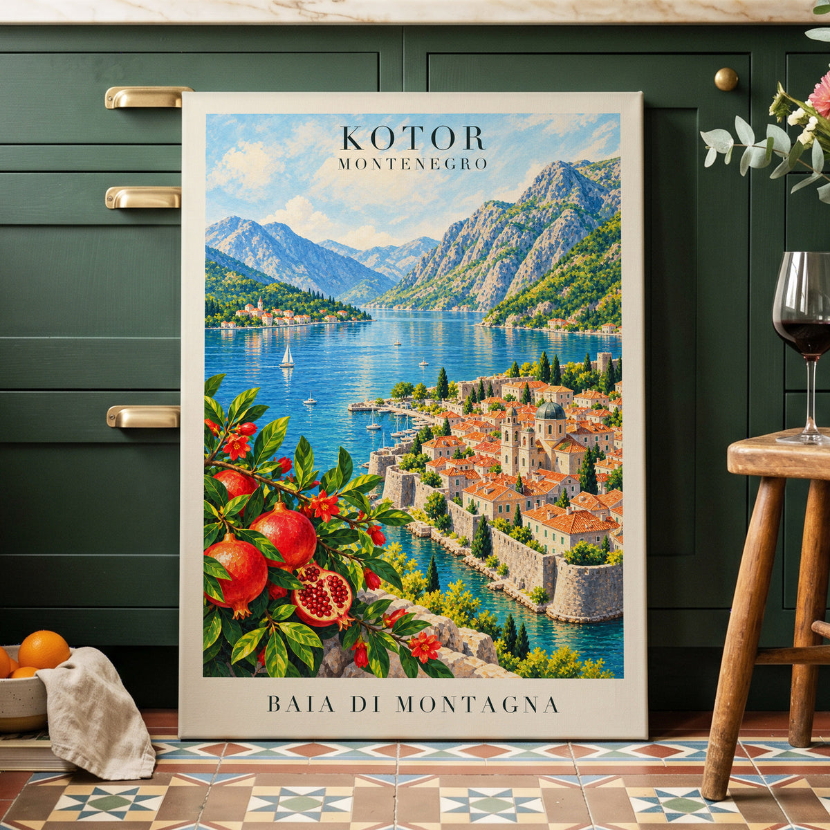 Kotor Bay Reverie, blue, green, beige nature wall art displayed in a styled interior, gallery view 7