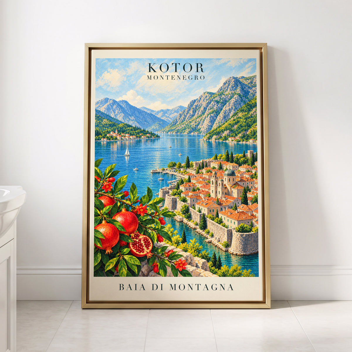 Kotor Bay Reverie, blue, green, beige nature wall art displayed in a styled interior, gallery view 8