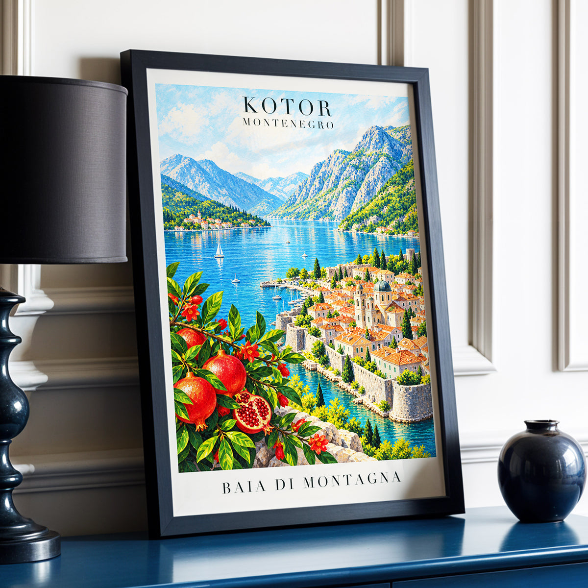Kotor Bay Reverie, blue, green, beige nature wall art displayed in a styled interior, gallery view 9
