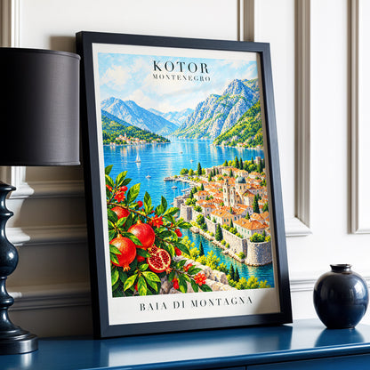 Kotor Bay Reverie, blue, green, beige nature wall art displayed in a styled interior, gallery view 9
