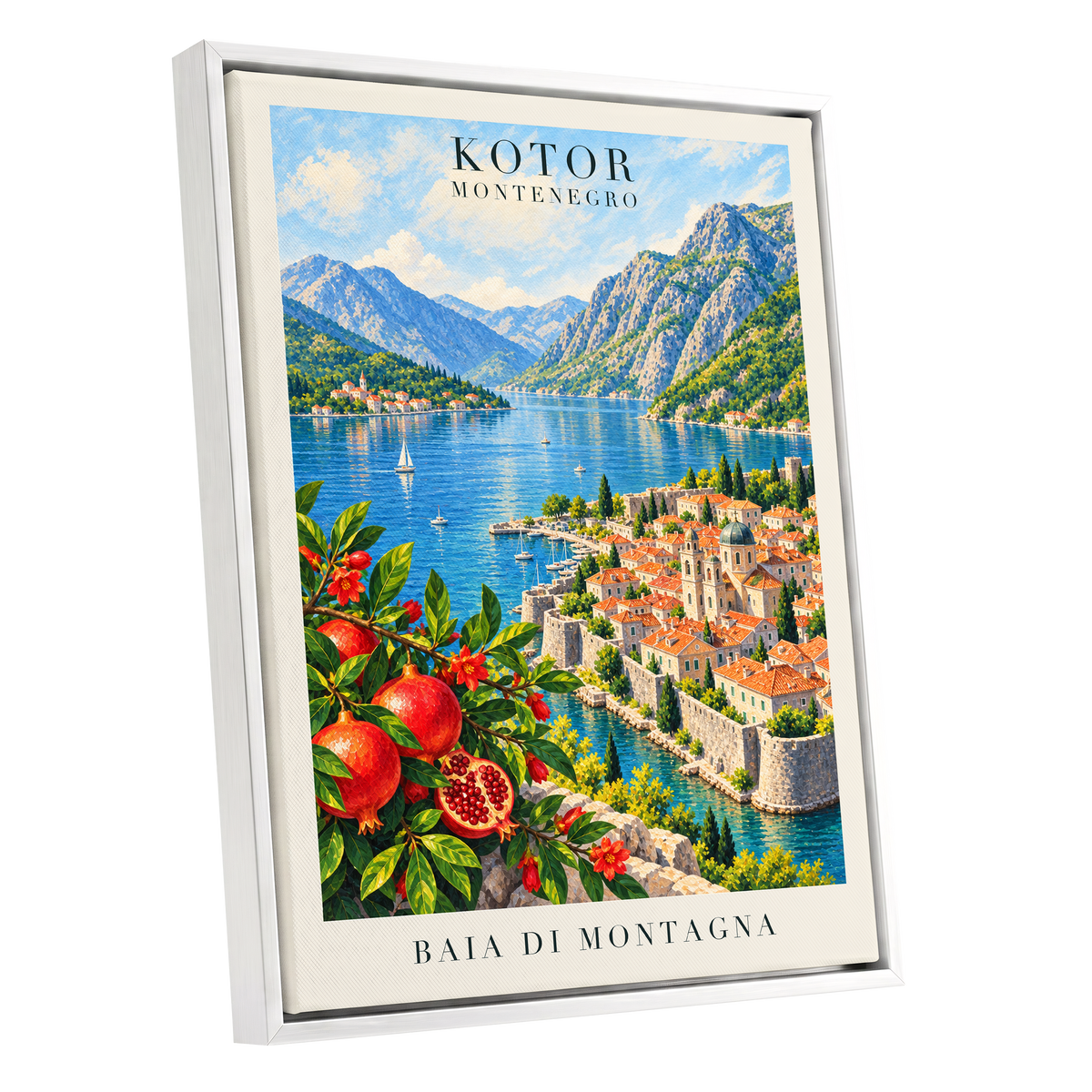 Kotor Bay Reverie, blue, green, beige nature wall art shown as a white framed canvas wall art