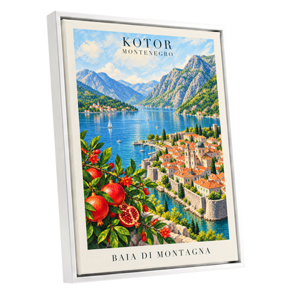 Kotor Bay Reverie, blue, green, beige nature wall art shown as a white framed canvas wall art