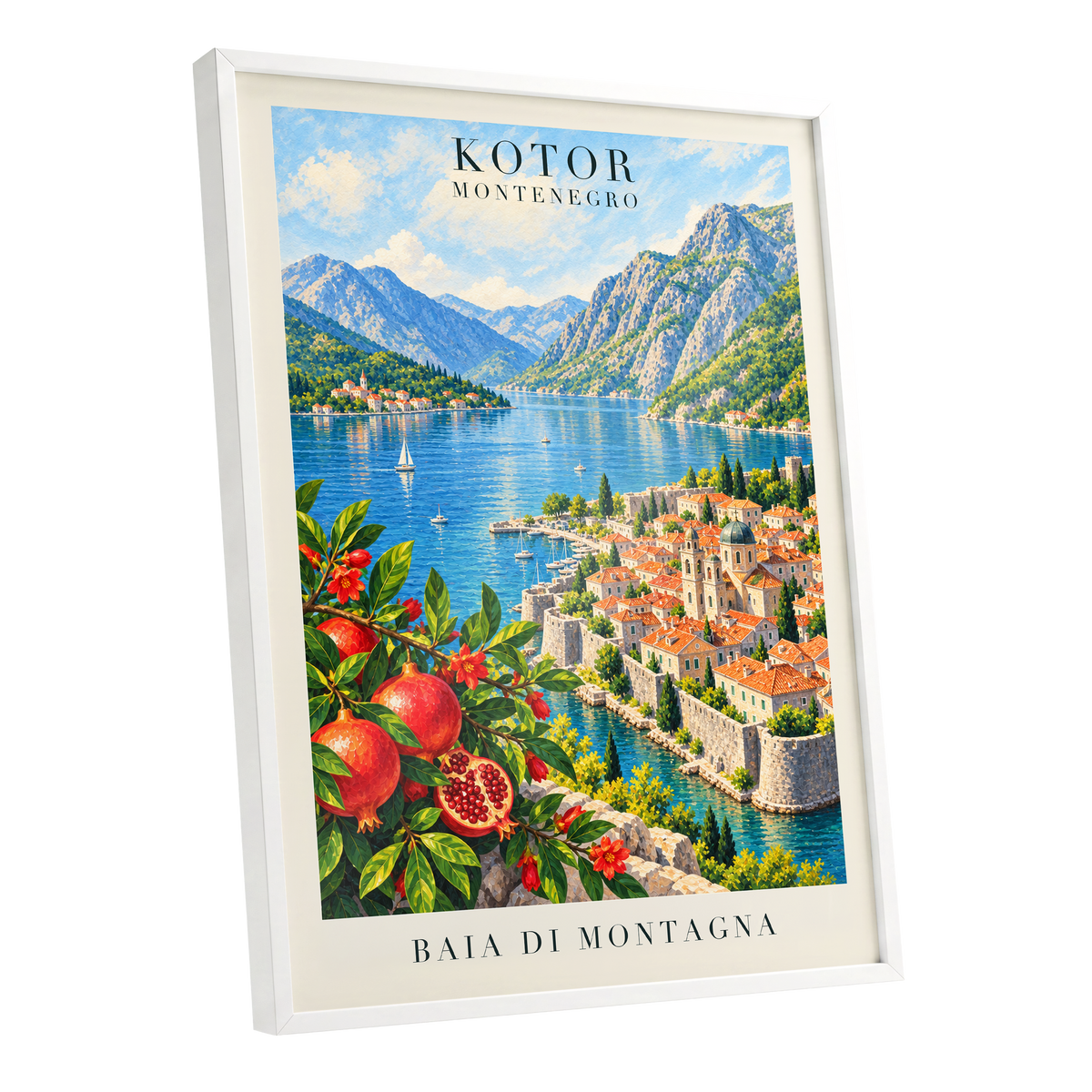 Kotor Bay Reverie, blue, green, beige nature wall art shown as a white framed poster wall art print
