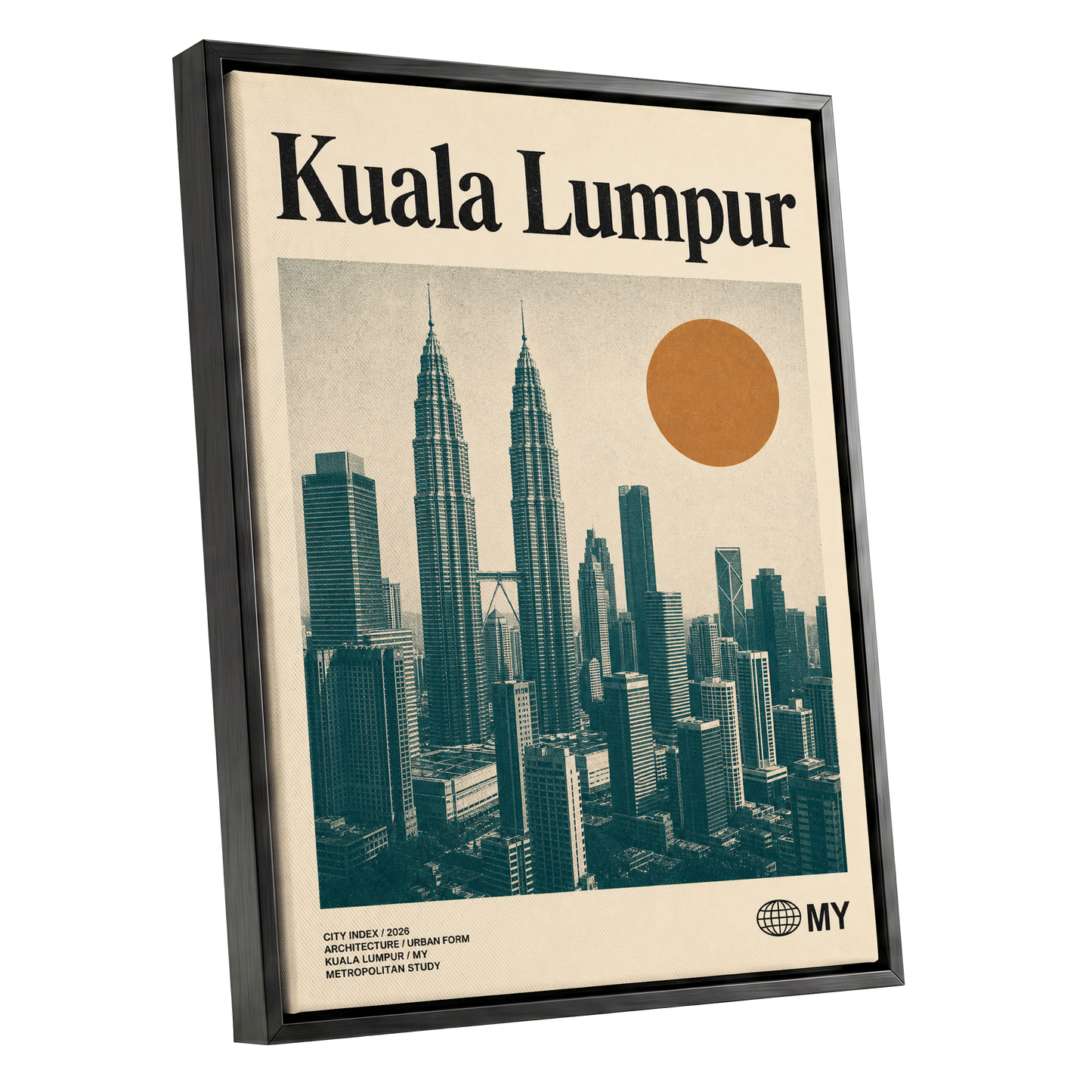 Kuala Lumpur City Index, beige, green, black minimalist wall art shown as a black framed canvas wall art