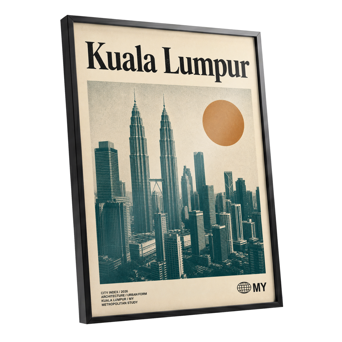 Kuala Lumpur City Index, beige, green, black minimalist wall art shown as a black framed poster wall art print