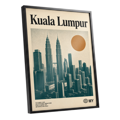 Kuala Lumpur City Index, beige, green, black minimalist wall art shown as a black framed poster wall art print