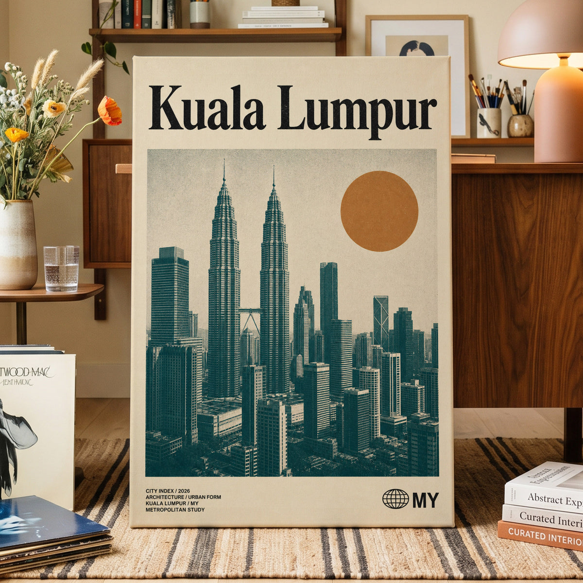 Kuala Lumpur City Index, beige, green, black minimalist wall art on canvas displayed in a styled interior, gallery view 1