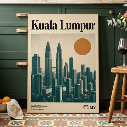 Kuala Lumpur City Index, beige, green, black minimalist wall art on canvas displayed in a styled interior, gallery view 2