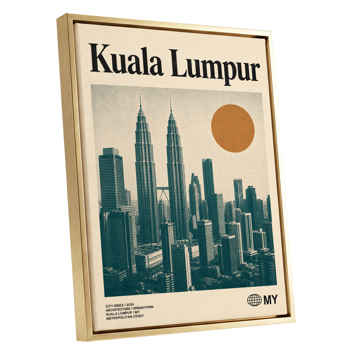 Kuala Lumpur City Index, beige, green, black minimalist wall art shown as a gold framed canvas wall art