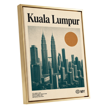 Kuala Lumpur City Index, beige, green, black minimalist wall art shown as a gold framed canvas wall art