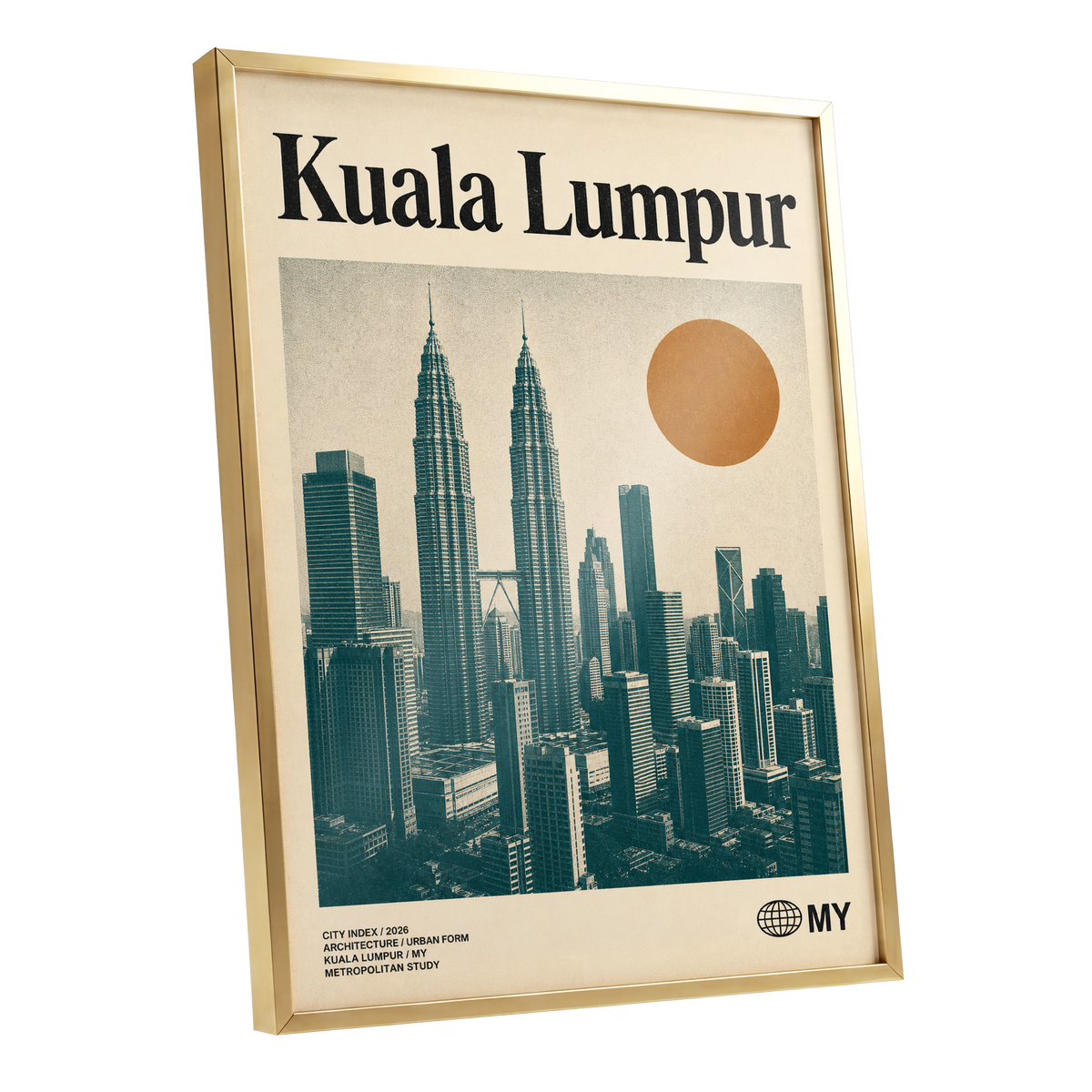 Kuala Lumpur City Index, beige, green, black minimalist wall art shown as a gold framed poster wall art print
