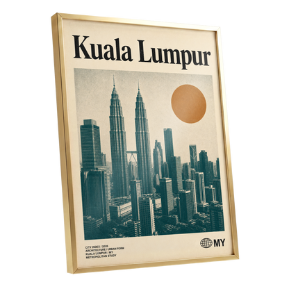 Kuala Lumpur City Index, beige, green, black minimalist wall art shown as a gold framed poster wall art print