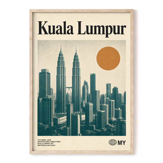 Kuala Lumpur City Index, beige, green, black minimalist wall art, front artwork view