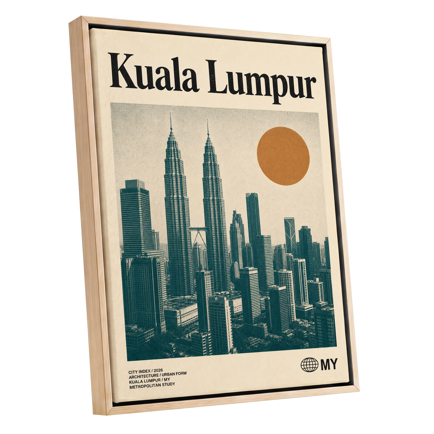 Kuala Lumpur City Index, beige, green, black minimalist wall art shown as a oak framed canvas wall art