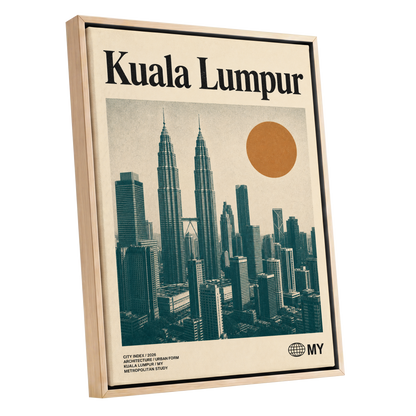 Kuala Lumpur City Index, beige, green, black minimalist wall art shown as a oak framed canvas wall art