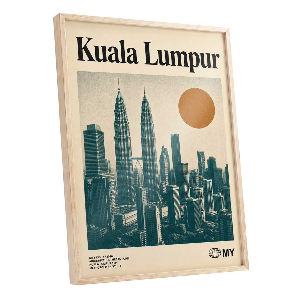 Kuala Lumpur City Index, beige, green, black minimalist wall art shown as a oak framed poster wall art print