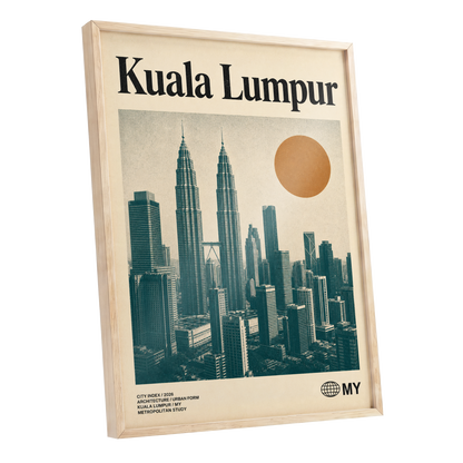 Kuala Lumpur City Index, beige, green, black minimalist wall art shown as a oak framed poster wall art print