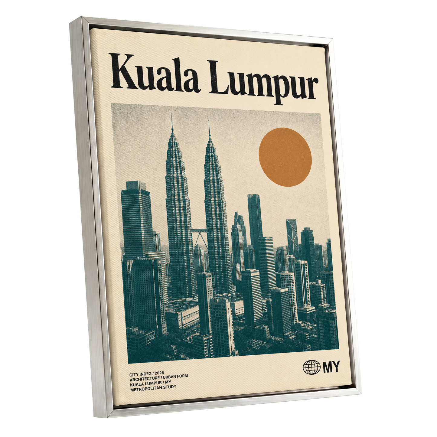 Kuala Lumpur City Index, beige, green, black minimalist wall art shown as a silver framed canvas wall art