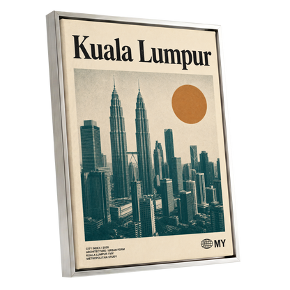 Kuala Lumpur City Index, beige, green, black minimalist wall art shown as a silver framed canvas wall art