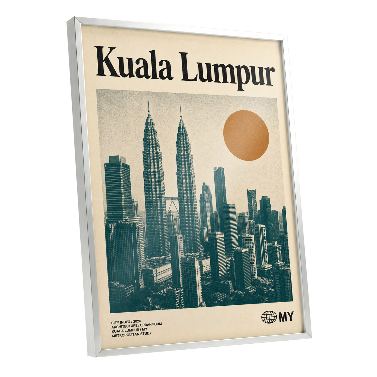 Kuala Lumpur City Index, beige, green, black minimalist wall art shown as a silver framed poster wall art print