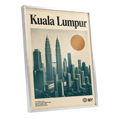 Kuala Lumpur City Index, beige, green, black minimalist wall art shown as a silver framed poster wall art print