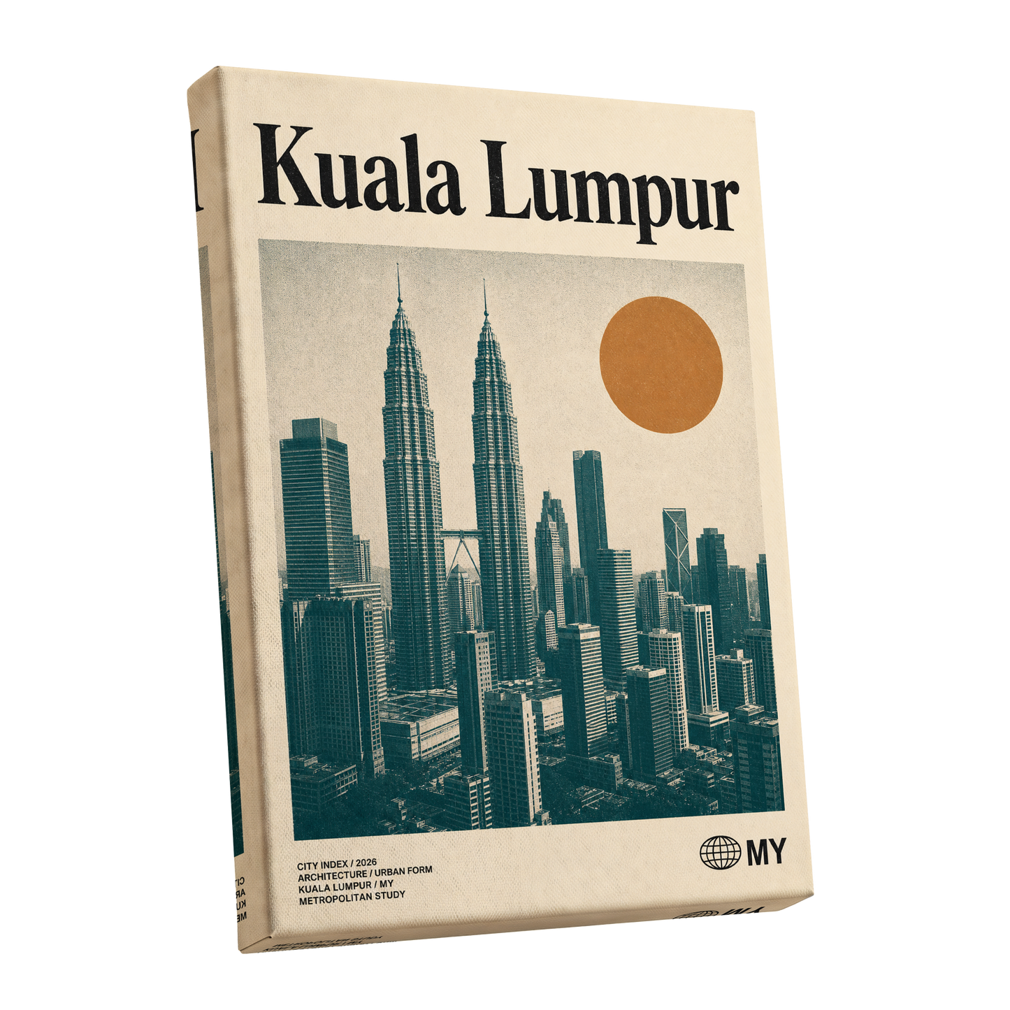Kuala Lumpur City Index, beige, green, black minimalist wall art shown as a stretched canvas wall art