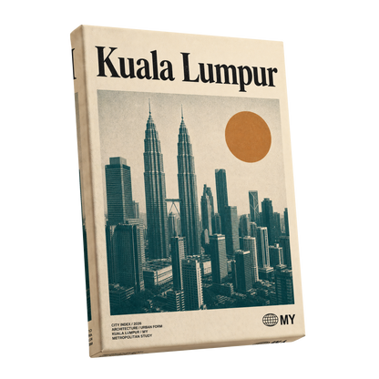 Kuala Lumpur City Index, beige, green, black minimalist wall art shown as a stretched canvas wall art