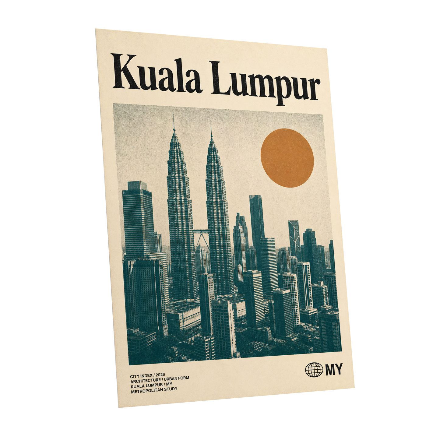 Kuala Lumpur City Index, beige, green, black minimalist wall art shown as a unframed poster wall art print
