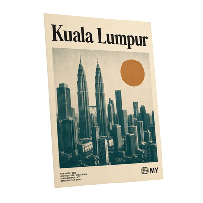 Kuala Lumpur City Index, beige, green, black minimalist wall art shown as a unframed poster wall art print