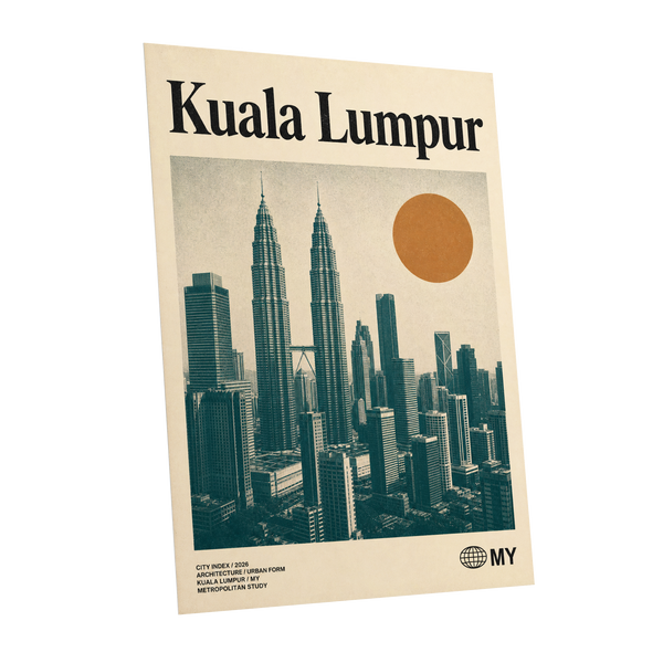 Kuala Lumpur City Index, beige, green, black minimalist wall art shown as a unframed poster wall art print