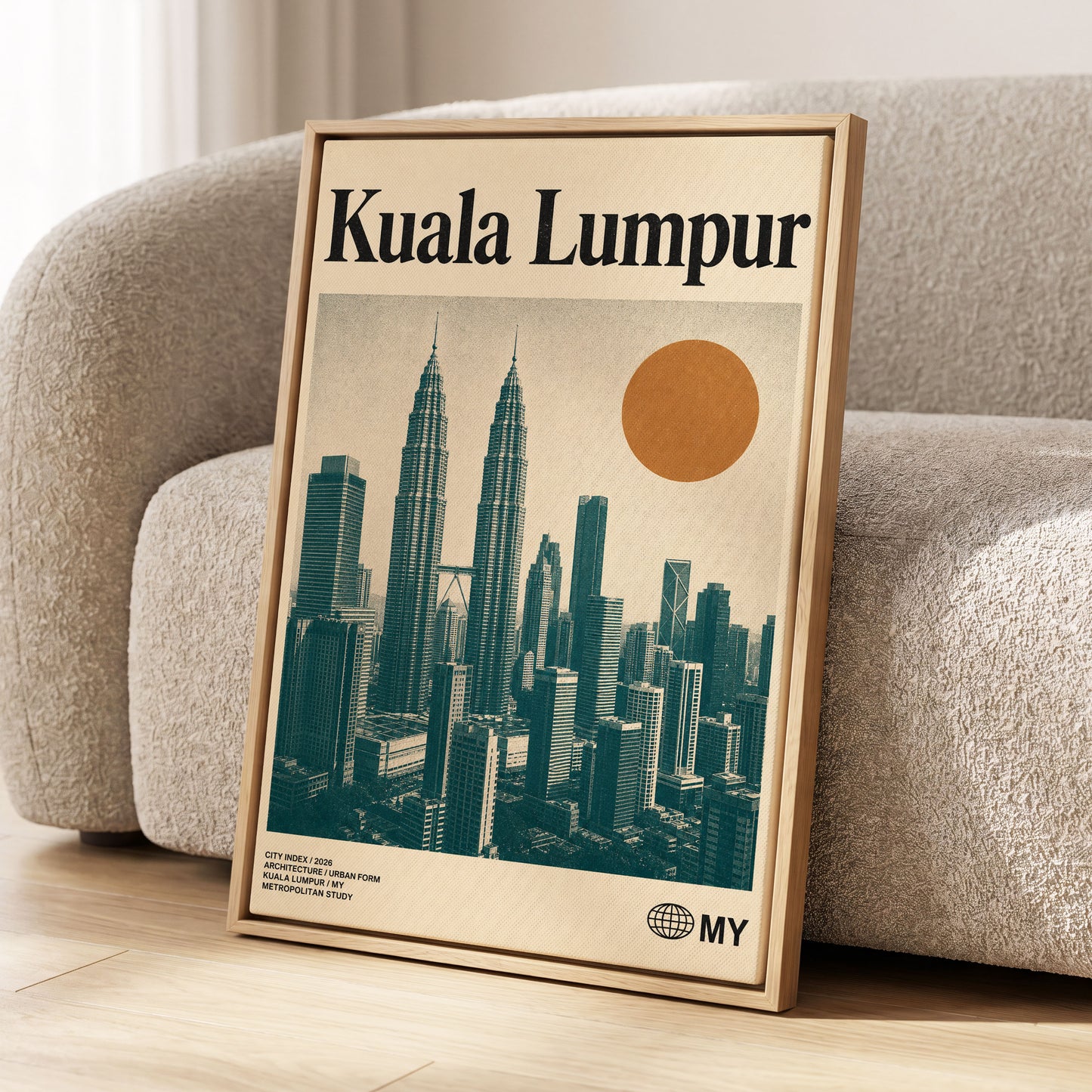 Kuala Lumpur City Index, beige, green, black minimalist wall art displayed in a styled interior, gallery view 1