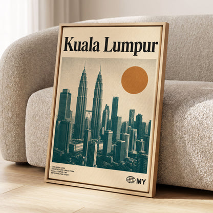 Kuala Lumpur City Index, beige, green, black minimalist wall art displayed in a styled interior, gallery view 1