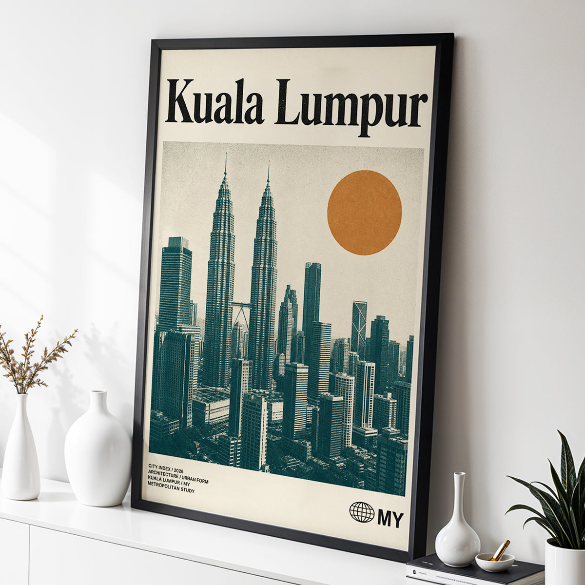 Kuala Lumpur City Index, beige, green, black minimalist wall art displayed in a styled interior, gallery view 2