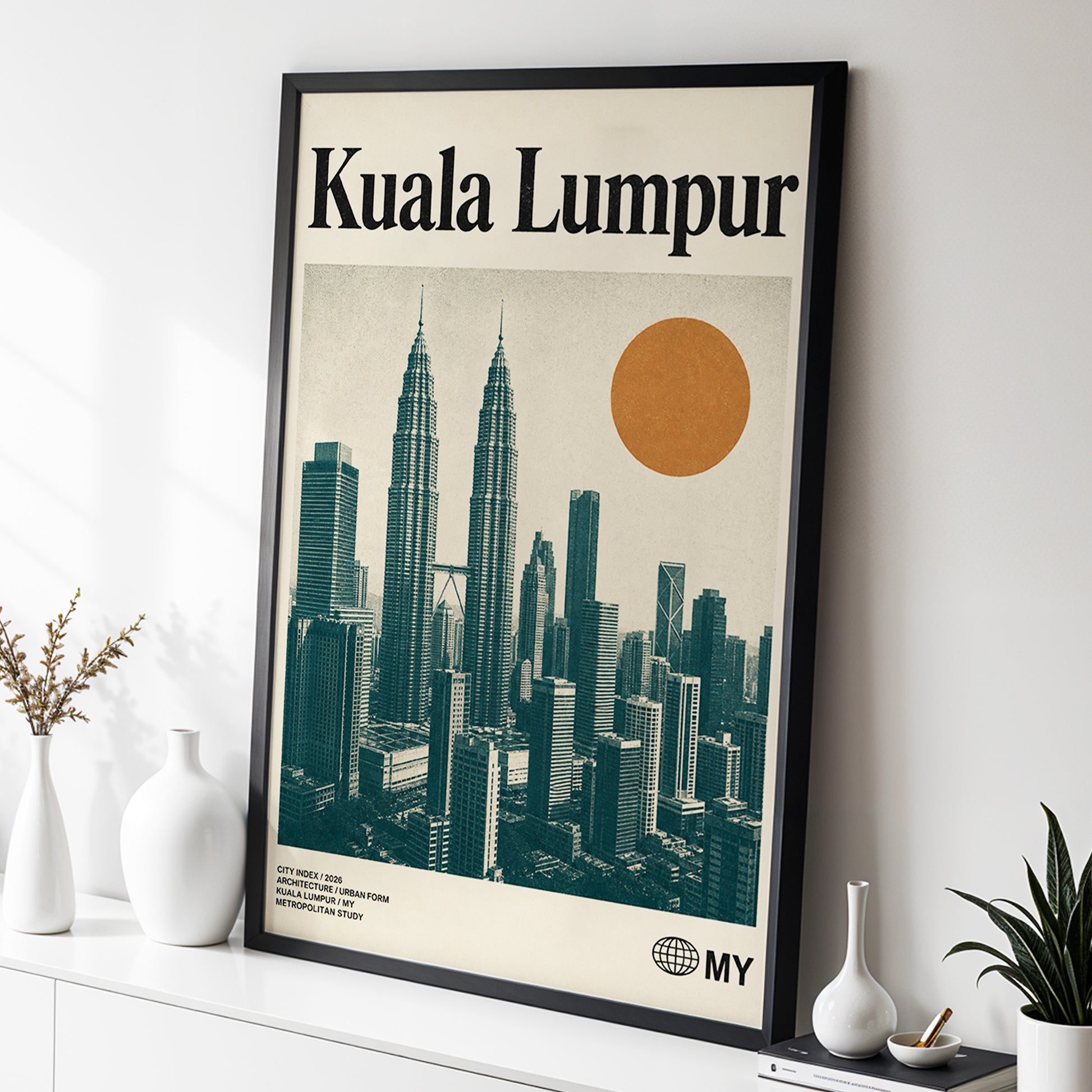 Kuala Lumpur City Index, beige, green, black minimalist wall art displayed in a styled interior, gallery view 2