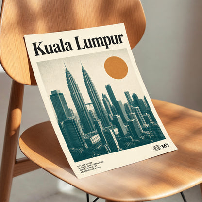Kuala Lumpur City Index, beige, green, black minimalist wall art displayed in a styled interior, gallery view 3