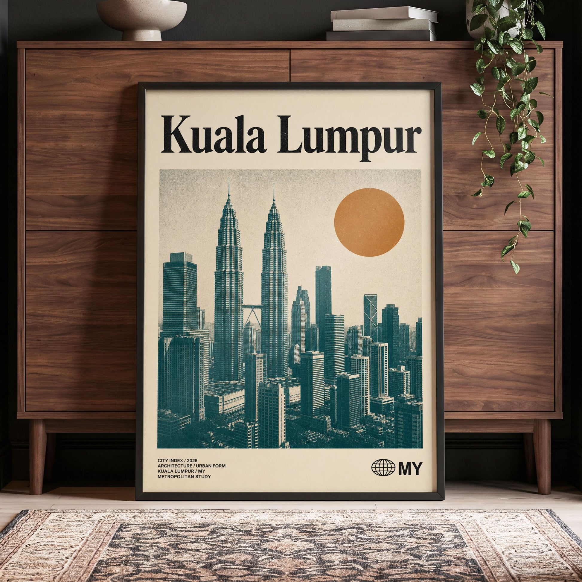 Kuala Lumpur City Index, beige, green, black minimalist wall art displayed in a styled interior, gallery view 4