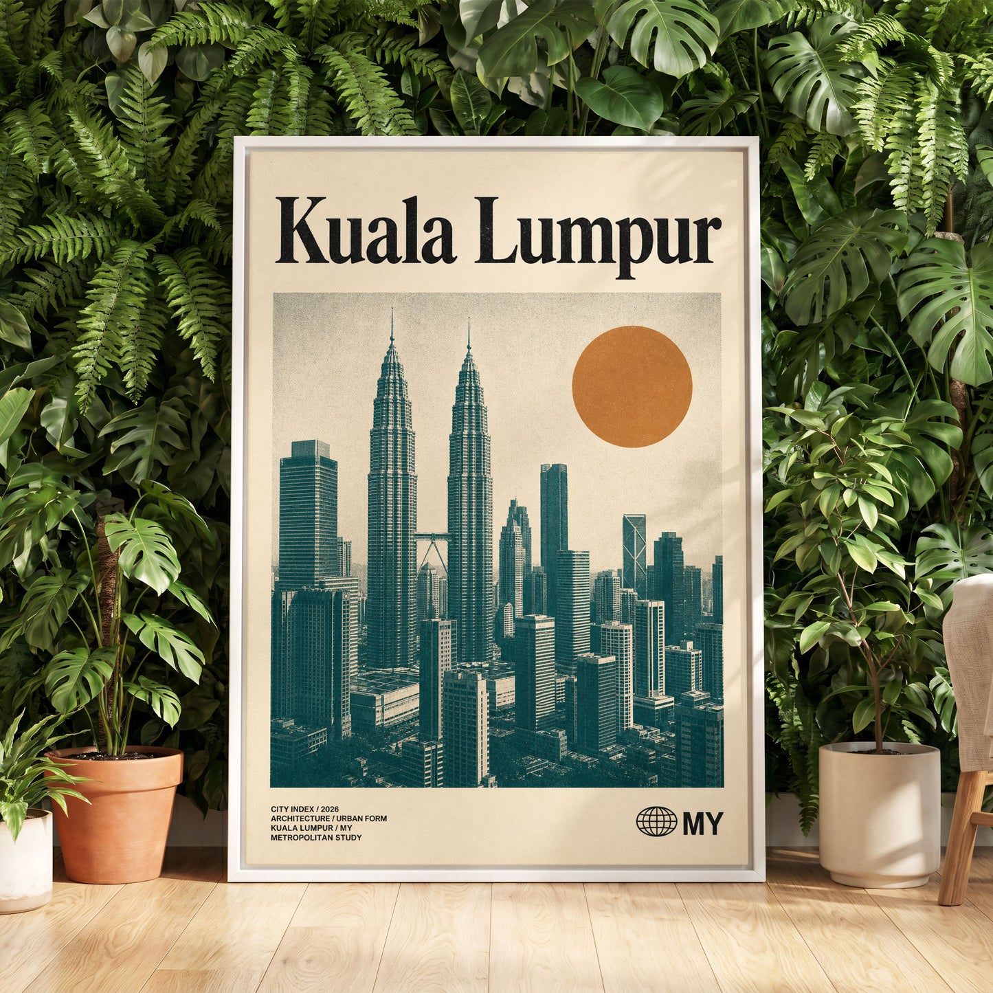 Kuala Lumpur City Index, beige, green, black minimalist wall art displayed in a styled interior, gallery view 5