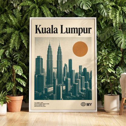 Kuala Lumpur City Index, beige, green, black minimalist wall art displayed in a styled interior, gallery view 5