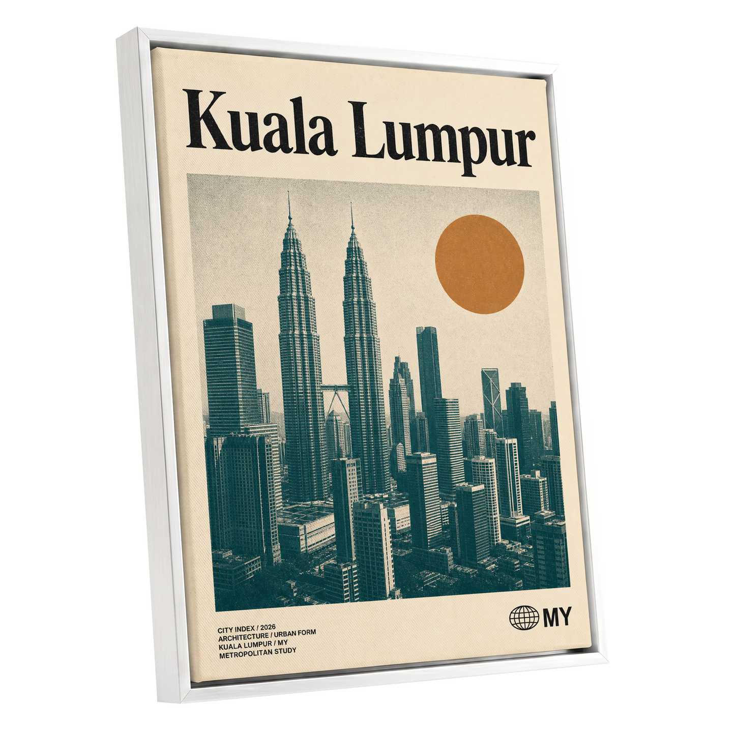 Kuala Lumpur City Index, beige, green, black minimalist wall art shown as a white framed canvas wall art