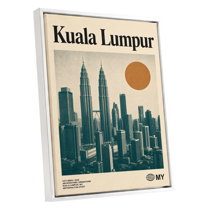 Kuala Lumpur City Index, beige, green, black minimalist wall art shown as a white framed canvas wall art