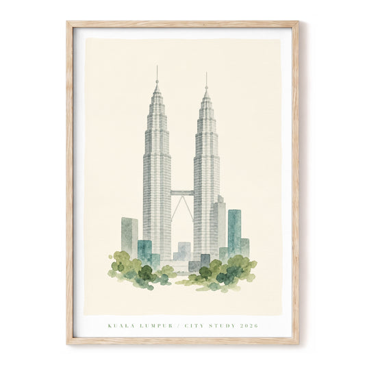 Kuala Lumpur in Soft Light, beige, gray, green minimalist wall art, front artwork view