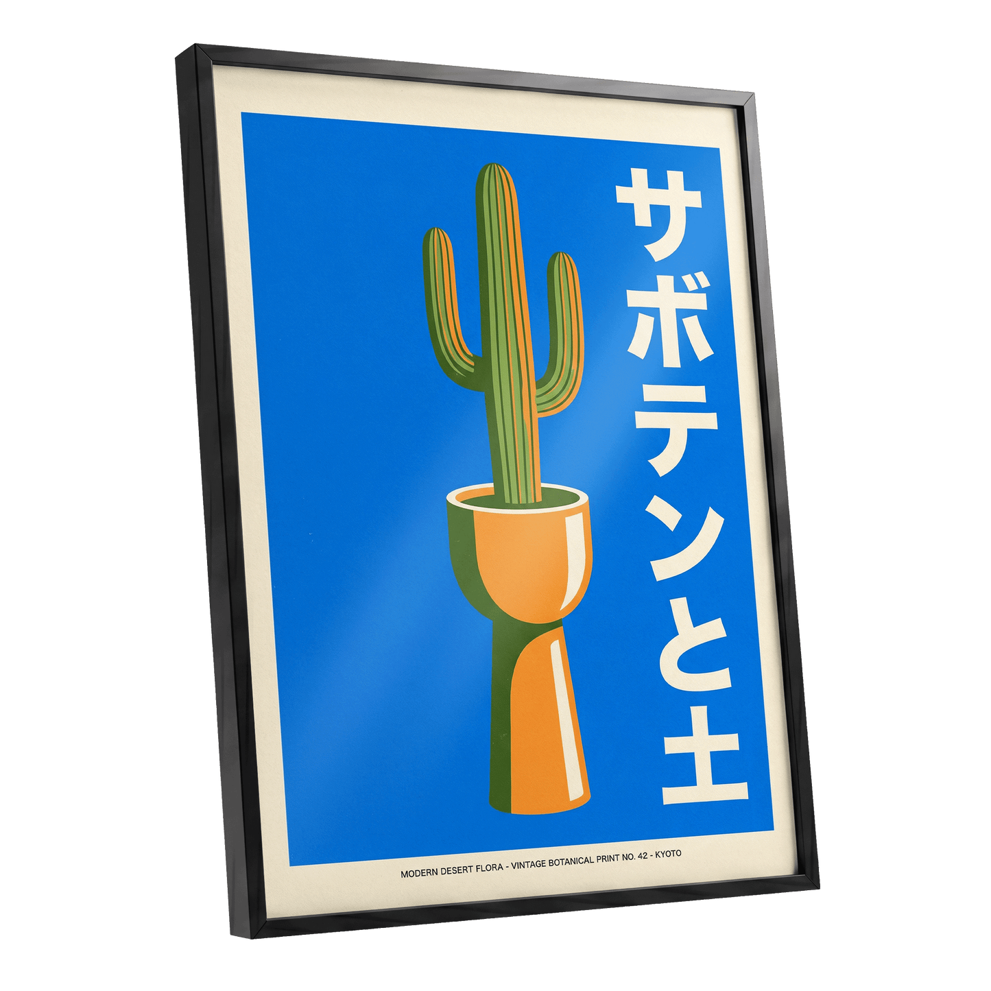 Kyoto Cactus in Blue, blue, green, orange nature wall art shown as a black framed poster wall art print