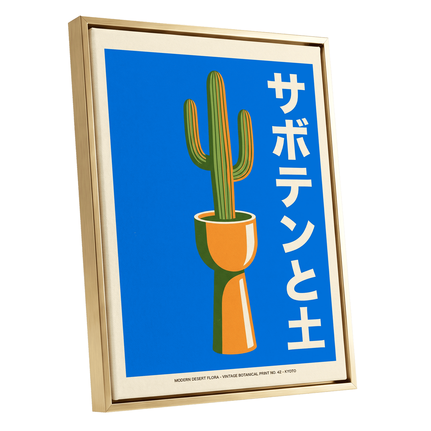 Kyoto Cactus in Blue, blue, green, orange nature wall art shown as a gold framed canvas wall art