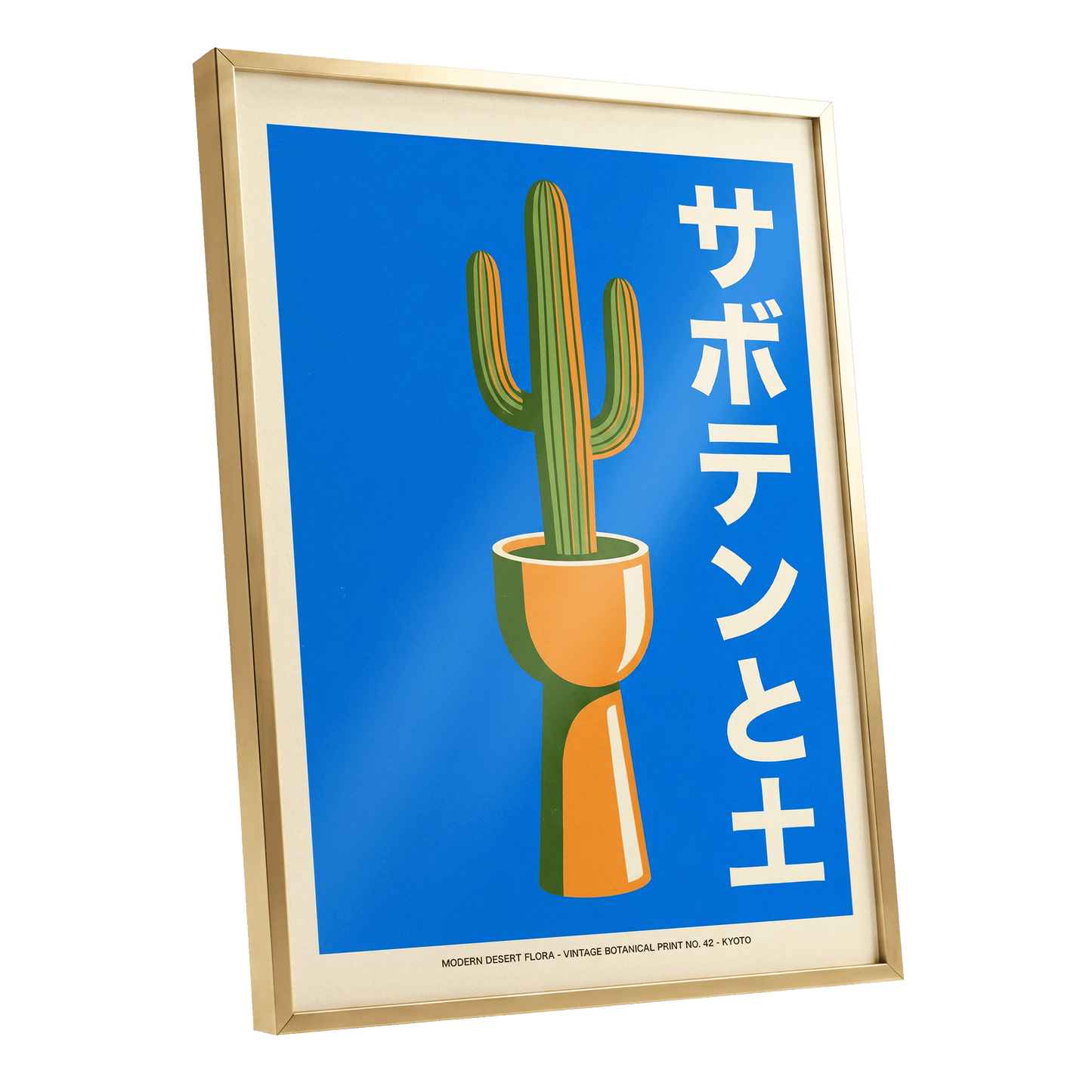 Kyoto Cactus in Blue, blue, green, orange nature wall art shown as a gold framed poster wall art print