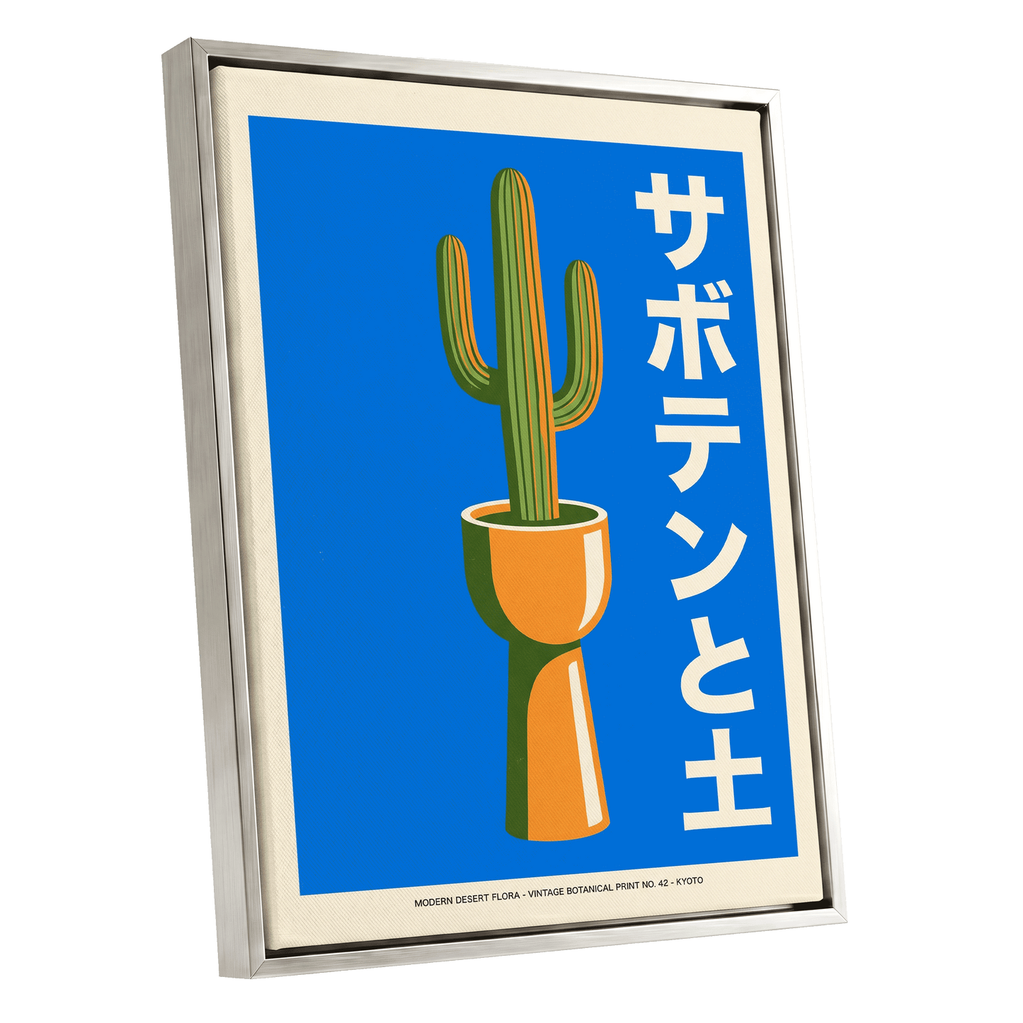 Kyoto Cactus in Blue, blue, green, orange nature wall art shown as a silver framed canvas wall art