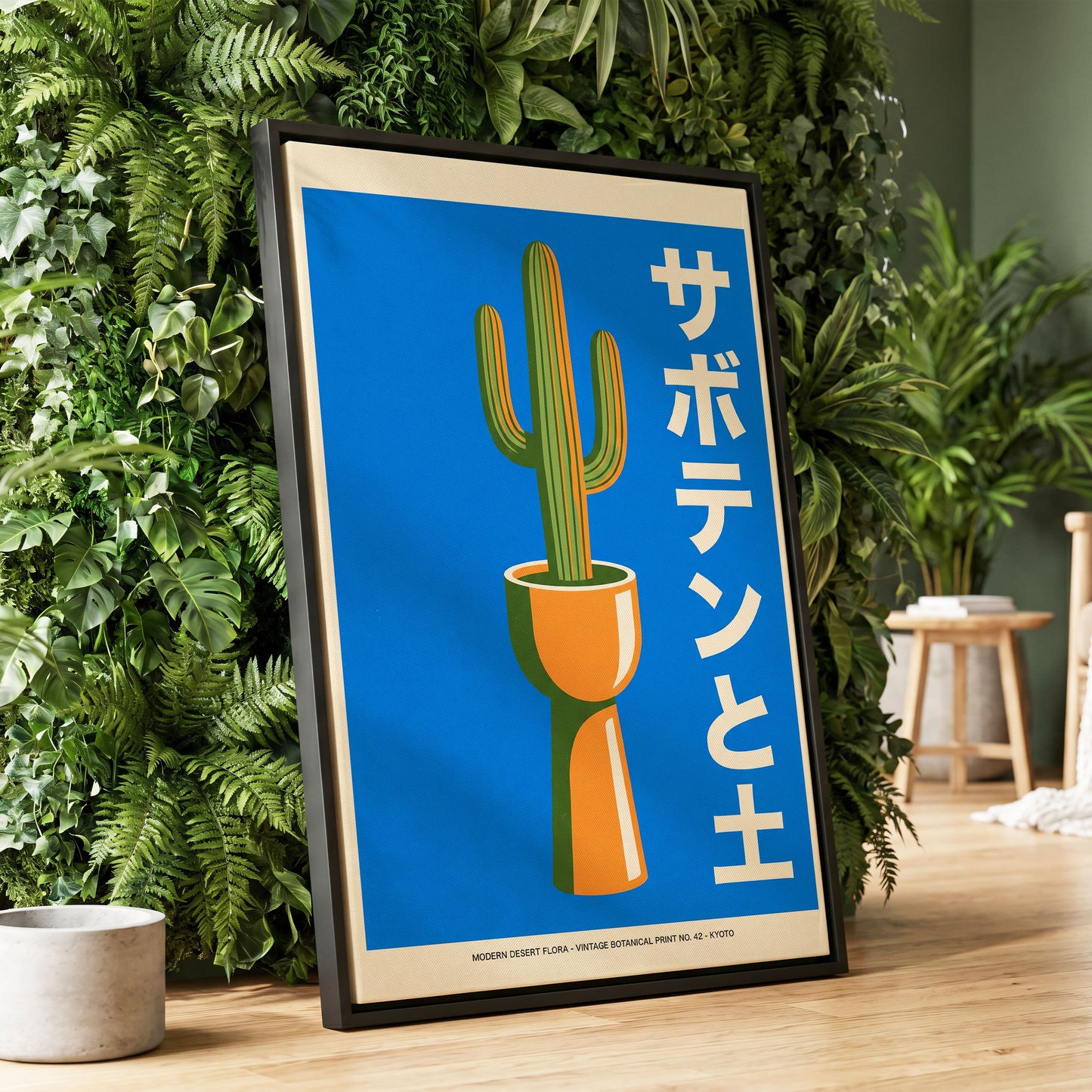 Kyoto Cactus in Blue, blue, green, orange nature wall art displayed in a styled interior, gallery view 1